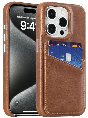 LUCKYCOIN Premium Handcrafted Genuine Leather Phone Case for iPhone 15 Pro, Slim Wallet Case with Card Holder, Metal Buttons, Soft Microfiber Lining, Shockproof Protective Cover - Dark Brown