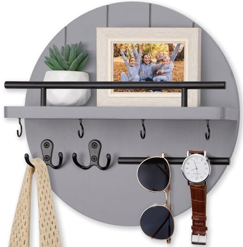 Nekon Key Holder Wall Mount, 11.8 Inch Key Rack with Shelf and 6 Key Hooks, Rustic Key and Mail Organizer, Circular Wooden Key Hanger for Entryway Hallway Kitchen (Gray)