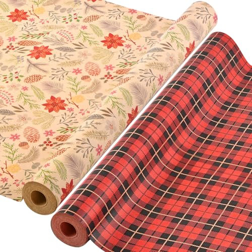 AhfuLife 2 Rouleau Kraft Papier Cadeau de Noël, 43cm×15m Recyclable Papier d'Emballage pour Enfant Emballage des Cadeaux de Noël, Décoration de Fete(N: Végétatif/Tartan Vintage Rouge et Noir)