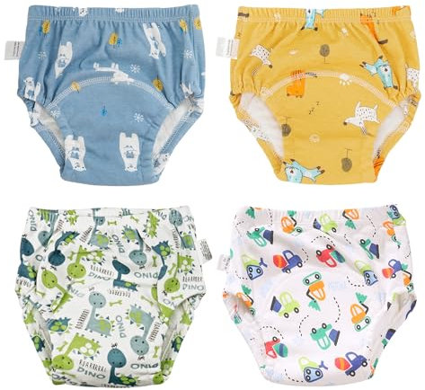 Dioshark Baby Boys Potty Training Pants Reusable Cotton, 4 PCS Toilet Training Underwear Pants Washable with Dinosaur Car Dog Bear Pattern Training Diaper for Toddler Age 4-6Years, Yellow White Blue