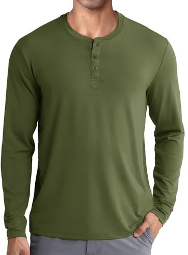 COOFANDY Mens Henley T Shirts Long Sleeve Grandad T-Shirts Button Shirt Smart Casual T-Shirts Full Sleeve Thermal Tshirt Army Green XXL