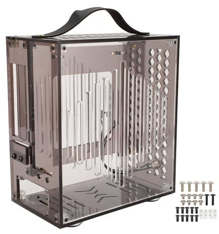 Portable Mini ITX PC Case, Clear Acrylic Desktop Gaming Computer Case with 360 Degree Open Hollow Airflow Design, DIY Small Desktop Case 23x20.5x12cm (Black)