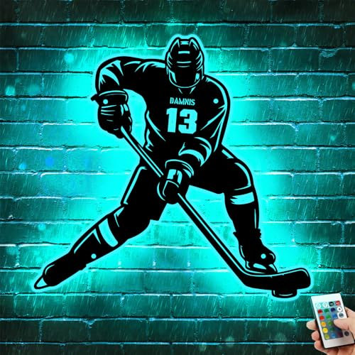 MYZQIFF Personalisierte Hockey Spieler Namensschild mit LED-Licht, benutzerdefinierte Hockey Metall Wand Kunst, kundenspezifische Hockey Neon Nachtlicht Lampe, Weihnachten Hockey Geschenke