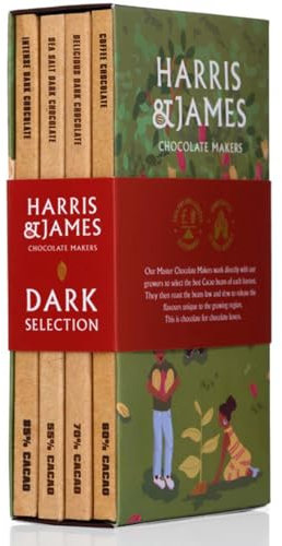 Harris & James Dark Chocolate Bar Library Pack, 4 Flavours of Intense Dark 85%, Delicious Dark 70%, Coffee 60% & Sea Salt 55% (86g Bars)