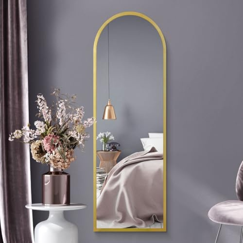 MirrorOutlet Full Length Gold Large Tall Arched Metal Modern Wall Mirror: 160 x 53cm - Suitable for Bedroom, Living Room, Dressing Room, and Living spaces.
