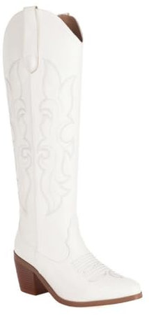 HXTYXCQ Stivali Alti al Ginocchio in Pelle PU da Donna con Ricamo Cucito Punta Appuntita Stivali da Cowboy Occidentali Tacco Grosso Alto Polpaccio Largo Stivali,Bianca,42 EU