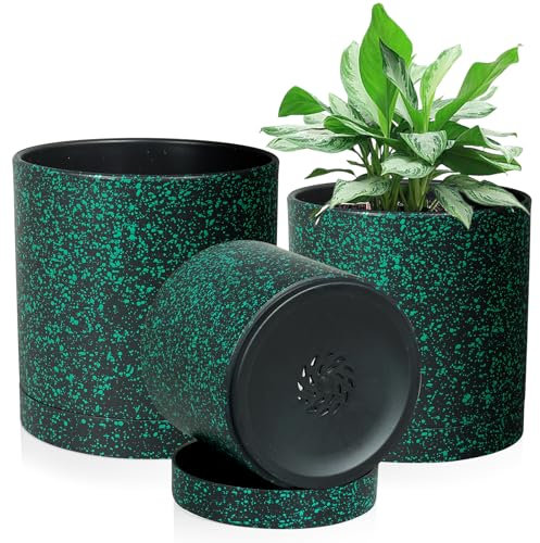 Homeuouz 3 Pack Plastic Plant Pots,15/12.5/10CM,Flower Pot Large Plant Pots Indoor Outdoor Plastic Plant Pot with Drainage Holes and Tray for House Plant Flower(Black with Green Speckles)