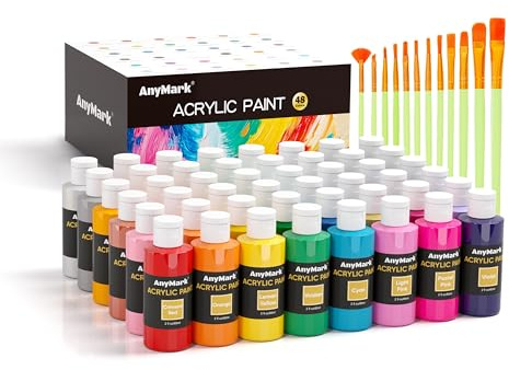 AnyMark Pintura Acrílica, 48 Colores Clásicos con 12 Pinceles | Botellas de 60 ml, Set de Pintura Acrílica con Brillo para Lienzo, Piedra y Madera