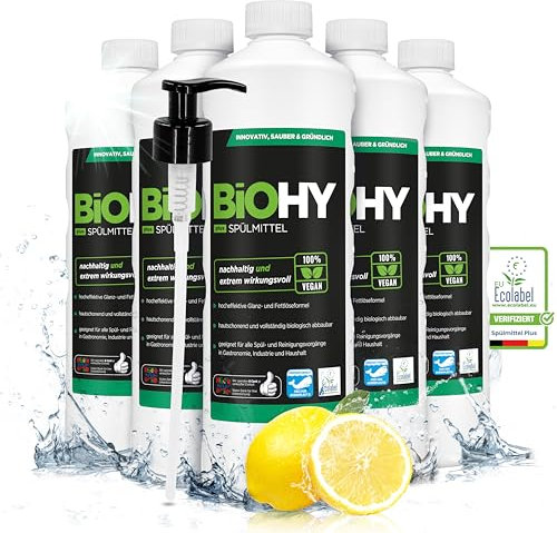 BiOHY Liquide vaisselle Plus (6 x 1 litre) + distributeur à pompe | Concentré liquide bio pour vaisselle avec Ecolabel UE | Dégraissant extra puissant | Idéal pour distributeur de liquide vaisselle |