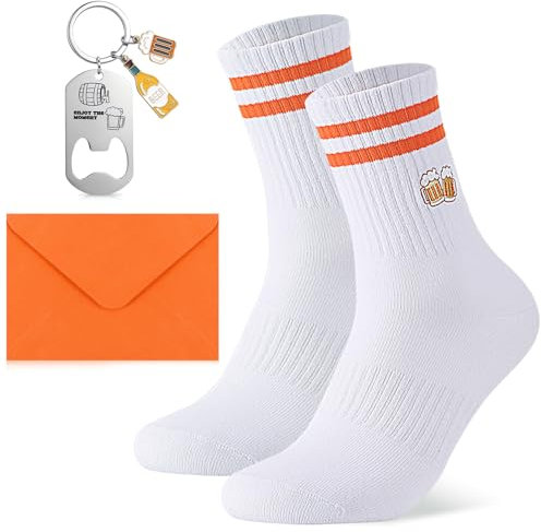 Utensilsto Bierliebhaber Geschenk Set 1 Bestickte Tennissocken Sportsocken 1 Flaschenöffner Schlüsselanhänger 1 Orange Geschenkverpackung Umschlag für Mann Frau,Interessante Bier Socken