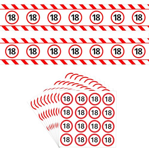 DazzJoy 18 Geburtstag Deko Set mit Geburtstagsdeko 18 Absperrband 15m und 10 Aufkleber, Deko 18. Geburtstag Junge Mädchen, Verkehrsschild 18. Geburtstage Deko Mädchen Jungen, 18 Jahre Party Geschenk