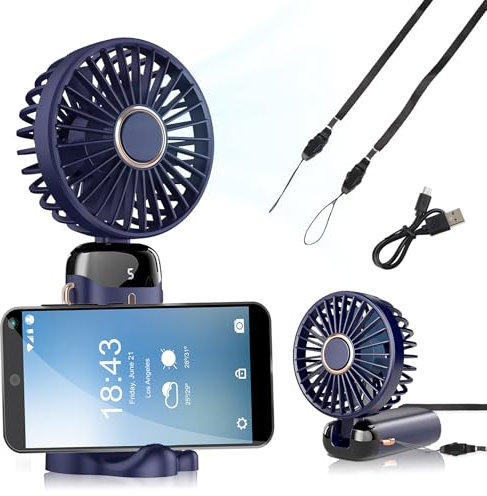Hifot Mini Ventilador de Mano Silencioso Ventilador Recargable Portátil USB 5 Velocidades 3 en 1 Pequeño Escritorio Plegable 90° con Cuerda para Cuello para Oficina, Viajes Azul Oscuro