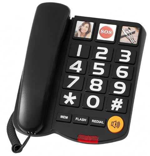 Extra-Loud (110dB) Landline Phone for Seniors & Hearing Impaired - Hearing Aid Compatible, Large Button Corded Phone with 3 Photo Speed Dial, Speakerphone - Black, Ideal Mother's