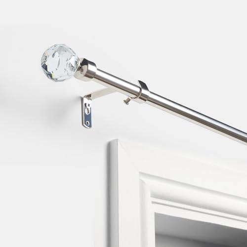 OHS Silver Curtain Pole Crystal Ball, 120-220cm Extendable Curtain Poles with Brackets and Finials Metal Adjustable Curtain Rod Easy Install Curtain Pole for Windows