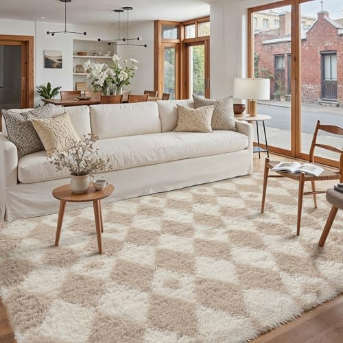 HUGEAR Kariert Flauschig Teppich Wohnzimmer 160x230cm Beige Weiß Shaggy Carpet