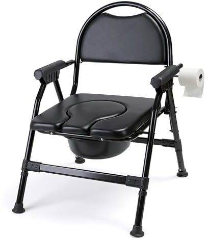 4-in-1 Folding Bedside Commode Chair with Seat Cover, Tool-Free Assembly Portable Toilet for Adults, Adjustable Height Bedside Commode for Seniors with Handles, 330lbs Support (Black)