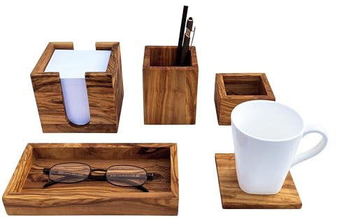 medina mood Schreibtisch Set aus Olivenholz „My Office – 5 Days“ – 5-teiliges Organizer für Ordnung am Arbeitsplatz