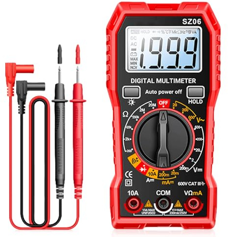 Multimetro digitale, voltmetro da 600 V, tensione, amperometro, misuratore di corrente con supporto pieghevole e linee di misurazione per tensione AC/DC, corrente DC, passaggio, resistenza, diodo