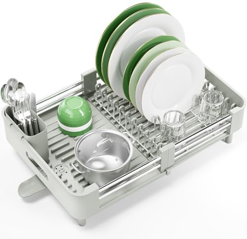 KINGRACK Extendable Dish Drainer Rack, Feather-soft Green | Stainless Steel, Draining Board with Removable Cutlery Holder, for Kitchen Counter