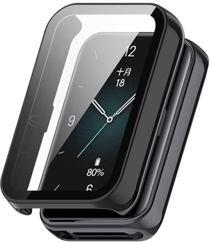 Techsuit für Honor Band 10 und Band 9 Hülle und Displayschutz mit Gehärtetem Glas, HD Klarheit, Volle Abdeckung, Kratzschutz, Schlankes Design, Defense360 Pro, Schwarz