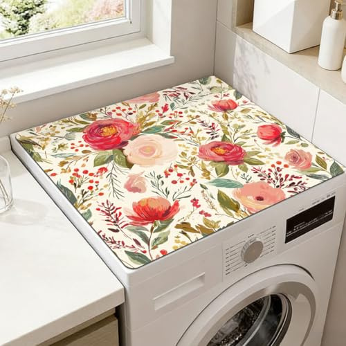 SUPERDANT Washing Machine Cover for Top Pad Romantic Floral Dryer Top of Washer or Dryer Protector Mat for Laundry Room Accessories Non Slip Waterproof Mats Flowers 60x50cm