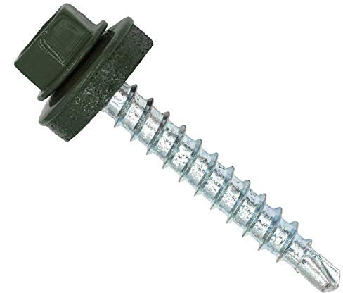 Color-Head Trapezblechschrauben 100 Stück, Farbe Olivgrün RAL6003, 4,8x35mm, Bohrschrauben, Blechschrauben mit EPDM-Unterlegscheibe, Dachschrauben verzinkt für Trapezblech & Blechdach