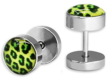 Soul-Cats 2 Stück Fake Plug Zebra Leopard Leo Fakeplugs Edelstahl Ohrstecker animal print, Farbe: Leo grün