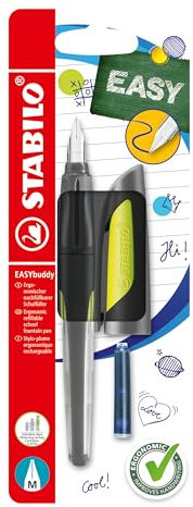 STABILO - Schulfüller mit Standard-Feder M - EASYbuddy in schwarz/limette - Schreibfarbe blau (löschbar) - Einzelstift - inklusive Patrone