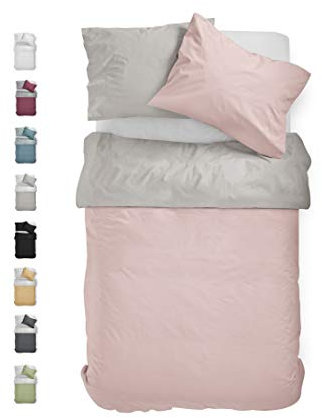 BLUE MOON Bettwäsche 140x200 cm Satin Bettwäsche-Sets 100% Baumwolle Wendebettwäsche - Made in EU - 1x Bettbezug 140x200 cm und 1x Kopfkissenbezug 70x90 cm (Silber/Rosé, 140 x 200 + 70 x 90 cm)
