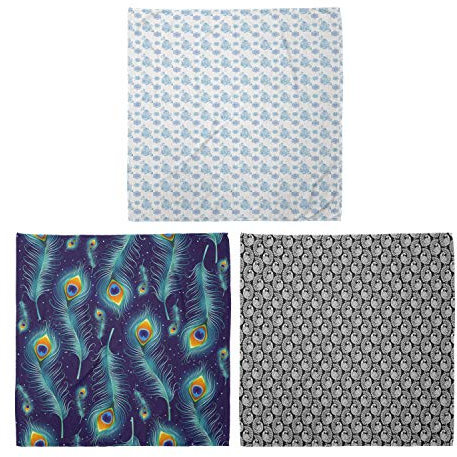 ABAKUHAUS Unisex Bandana Schal, Floral Mandala und Vogel-Pfau-Feder-Kunst blühen Vögel, 3er Pack, Mehrfarbig