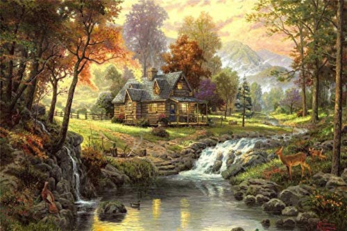 Jigsaw Puzzles Diamond Painting Kits for Adults Thomas Kinkade Autumn House in The Woods Creek 5D Full Drill Cross Stitch Painting Kits for Home, Office Decor 30x40cm