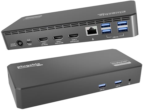 Plugable USB C Triple Display Docking Station | 60W PD, 3x HDMI (1x 4K 30Hz, 2x 1080p 60Hz), 6x USB 5Gbps Ports | Windows, macOS, ChromeOS Compatible - Enhance Productivity with Multi-Monitor Support