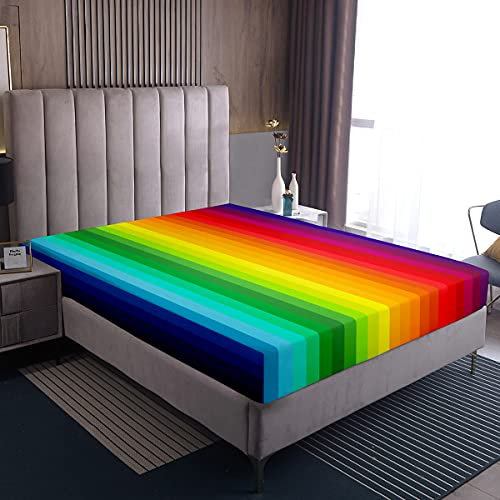 Regenbogen Spannbetttuch 160x200cm Bunt Streifen Spannbettlaken Multicolor Regenbogen Microfaser Bettlaken für Kinder Junge Jugendliche Spannbetttuch Mädchen Frauen Hell Regenbogen Spannbettlaken