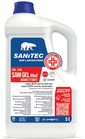 Sanitec, Sani Gel Med, Disinfettante Mani a Base di Alcol senza Risciacquo, Disinfettante Idroalcolico che Elimina il 99,9% dei Batteri, Ideale in Qualsiasi Ambito, Made in Italy, 5 L