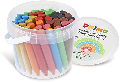 Primo – Farbige Wachsmalstifte Jumbo, 48 Stück im Eimer, 8 Farben für Kinder ab 3 Jahren, Intensive Pastellfarbe für Schreibwaren und Kreative Arbeiten für Kinder, Keine Schmutzigen Hände