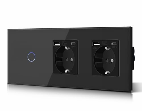 BSEED Lichtschalter mit Steckdose Doppelt 3 in 1 Steckdose + 2.1A USB Ladeleistung + Type C Adapter, 1 Fach 2 Weg Lichtschalter Glasscheibe Schalter mit LED Hintergrundbeleuchtung 228mm Schwarz