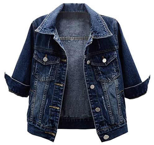 HYMCX Women's Short Sleeve Cropped Denim Jacket 3/4 Sleeve Ripped Distressed Jean Jackets Coat (Color : Navy blue, Size : L)