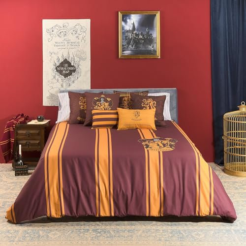 BELUM | Bettbezug Harry Potter, Bettbezug mit Knöpfen 100% Baumwolle, gestreift, Modell Gryffindor, für 80 cm Bett (140 x 200 cm)