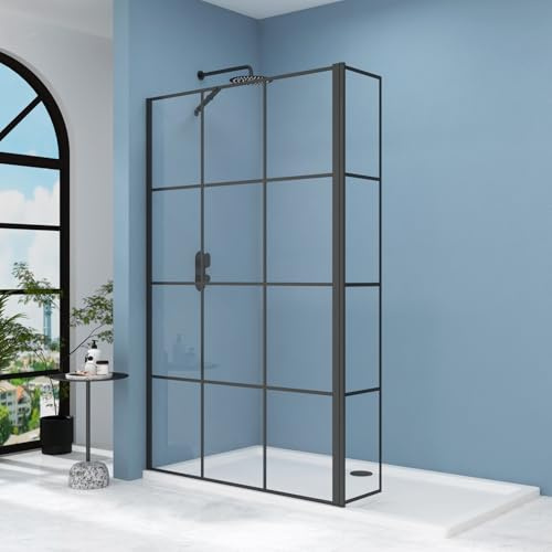 Milan 760mm Matt Black Walk in Wet Room Shower Screen Grid for Enclosure with 300mm Flipper Panel 8mm Easy Clean Toughened Safety Glass & Top Support Arm