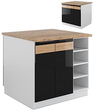 Vicco Isla de Cocina Fame-Line, Roble Negro Alto Brillo/Blanco, 90 cm Sin encimera