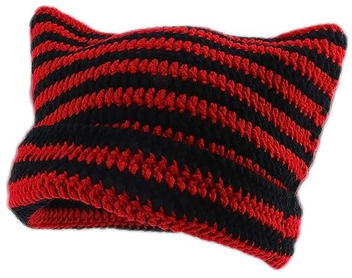 XehCaol Y2k Cat Beanie,Lustige Mütze Mit Ohren Katzenohren Strickmützen Knitted Hat Cat Ears Teufel hörner Mädchen Y2k Grunge Accessoires (Red)