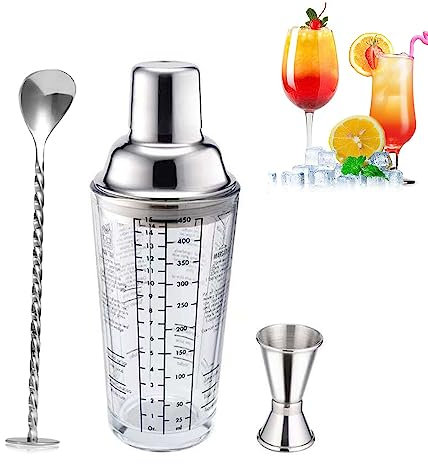 Cocktail Shaker Kit 3 Pièces, Shaker à Cocktail, Shaker à Cocktail en Acier Inoxydable, Shaker à Cocktail en Verre, Shaker Cocktail 400 ml, avec Tasse Mesurer et Cuillère, pour Bar, Soirée