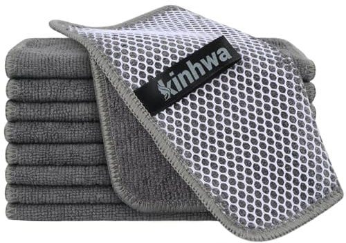 KinHwa Lot de 9 torchons de Cuisine en Microfibre absorbants à séchage Rapide avec côté à récurer en Polyester, idéal pour Le Nettoyage de la Cuisine et Le Nettoyage de la Maison, 17,8 x 18,8 cm, lot