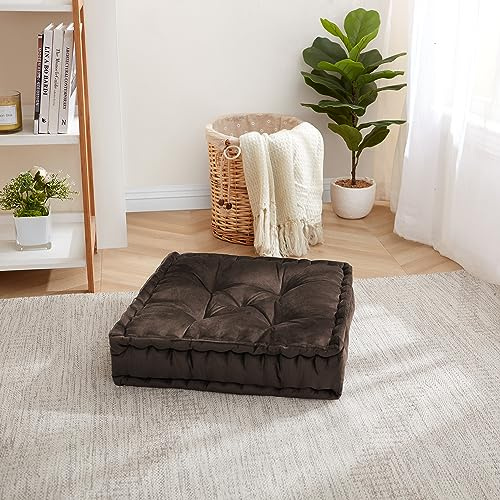 Floor Pillow Large Square Tufted Decorative Cushion 20 x 20 Faux Velvet Fabric Ultra Thick Fill for Kids and Adults, 1 Pack, Coffee Brown
