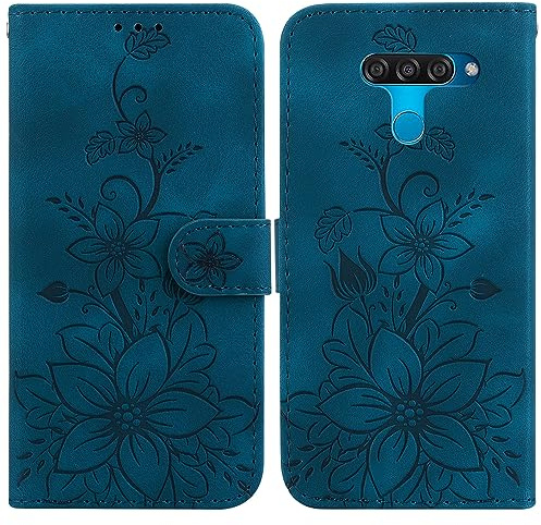 BLOTECH Schutzhülle für LG K50/LG Q60 Hülle Leder,Handyhülle für LG K50/LG Q60,Stoßfeste Handytasche Magnetisch Prägung Flip Blumen PU Leder Tasche Wallet Case für LG K50/LG Q60,Blau