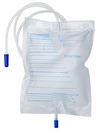 UROCHIM® Sacche per urina da letto 2 litri con tubo 130 cm valvola antireflusso e rubinetto di scarico push-pull (Confezione da 30 pezzi)