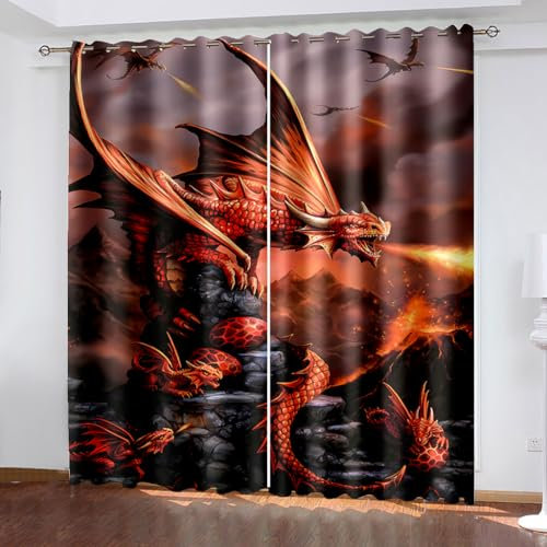 WIKINGER Vorhang mit ösen 2er Set B 280 X H 260 cm 3D Drache Gardinen Blickdicht Kälteschutz Schallschutz Verdunkelung Wärmeisolierende Vorhänge für Wohnzimmer Schlafzimmer