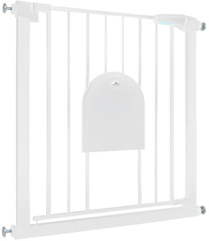 Aufun Treppenschutzgitter Türschutzgitter Kinder ohne Bohren, für 75-85 cm breit, Türgitter mit Druckbefestigung, selbstschließend, Metall Gitter, Hundesicherheitsgitter mit Katzenklappe (Weiß)