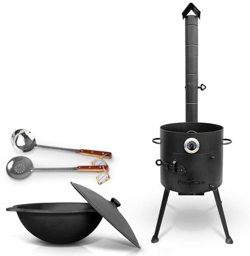 ZARENHOFF Set - Usbekischer Gusseisen Kasan 10 L runder Boden, Deckel aus Aluminiumguss Schaumlöffel für Plov, Schöpfkelle, Thermometer (294)