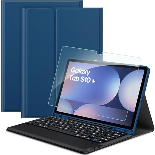 EasyAcc Tastatur Hülle Kompatibel mit Samsung Galaxy Tab S9 FE+ / S9+ / S9 Plus / S10+ 12.4 Zoll 2023/2024 mit Schutzfolie, QWERTZ Deutsches, Abnehmbar Tastatur Schutzhülle mit Pencil Halter, Blau